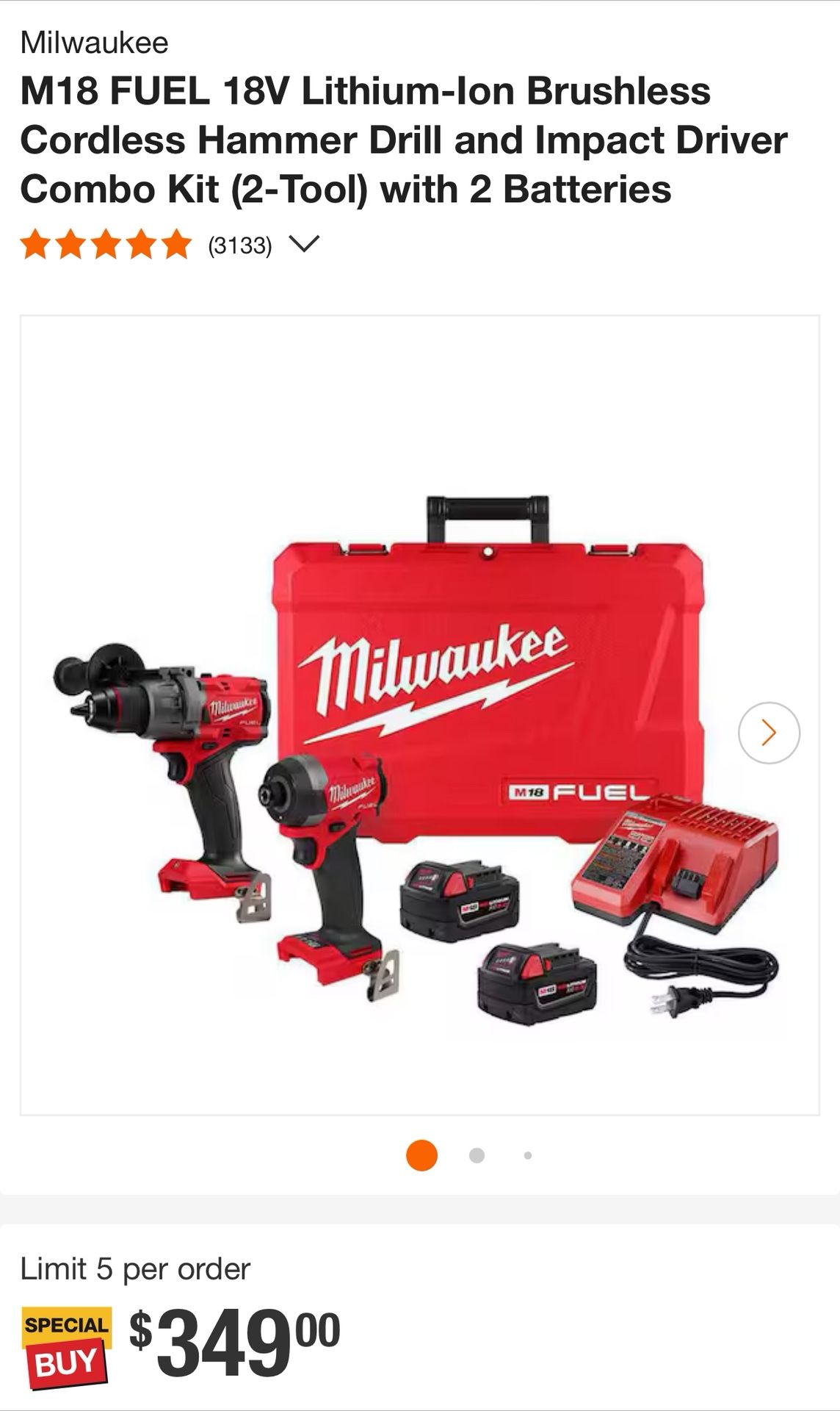 Milwaukee M18 FUEL 18V Lithium-lon Brushless Cordless Hammer Drill and Impact Driver Combo Kit (2-Tool) with (2) - 5.0 Batteries, Battery Charger