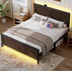 King Size with Barn Door Headboard, LED Bed Frame with Charging Station, Industrial Platform Metal Bed Frames, Dark Brown