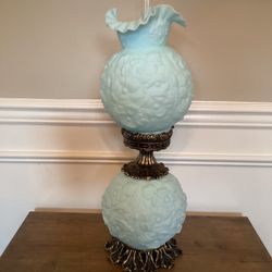 Fenton Blue Satin Custard Glass FlowerPoppy Table Lamp 