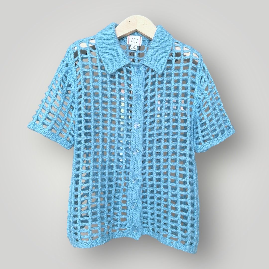 Urban Outfitters Osaka Open-Knit Cage Button Down Polo, Size S, Blue