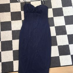 navy blue sweetheart midi dress with glitter mesh fabric and spaghetti straps.