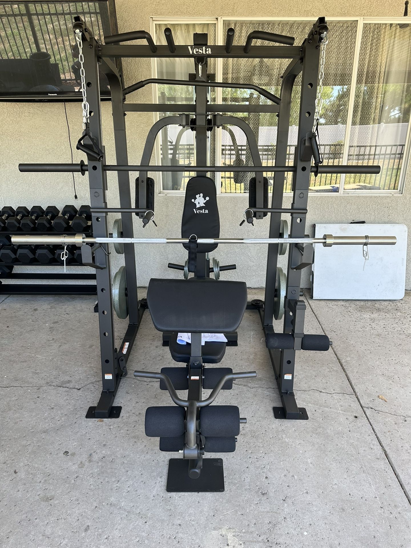 Vesta Fitness Smith Machine 1001 w/Bench Attachment | 245lb Cast Iron Olympic Weights | 7ft Olympic Bar | Fitness | Gym Equipment | FREE DELIVERY 🚚