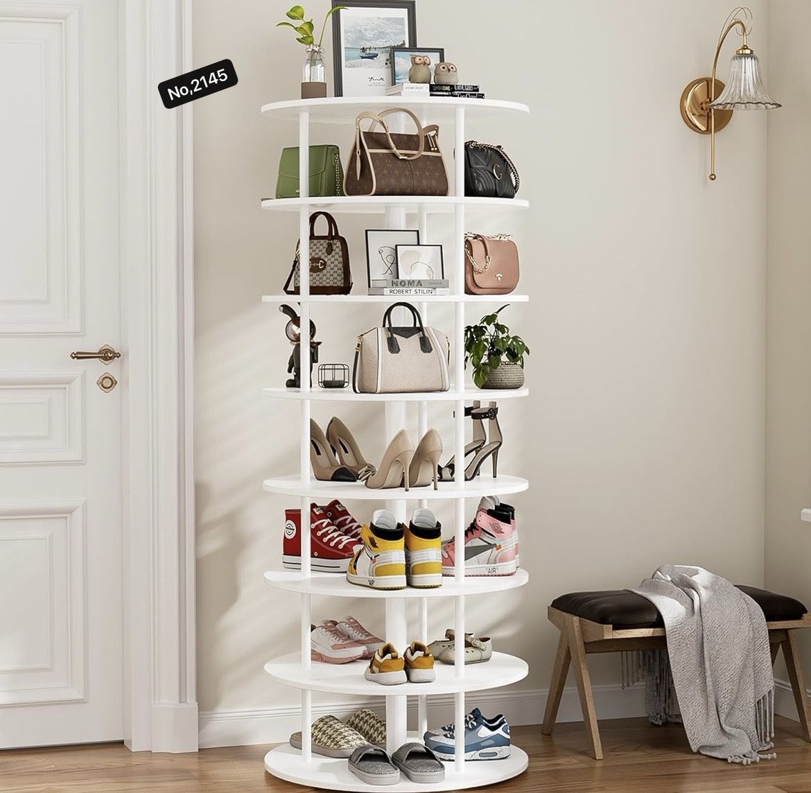 7-Tier Rotating Shoe Rack Tower with Anti-tip Fitting, 360 Spinning Rack with Steel Rods, Free Standing Round Shoe Rack, Lazy Susan Shoe Storage Organ