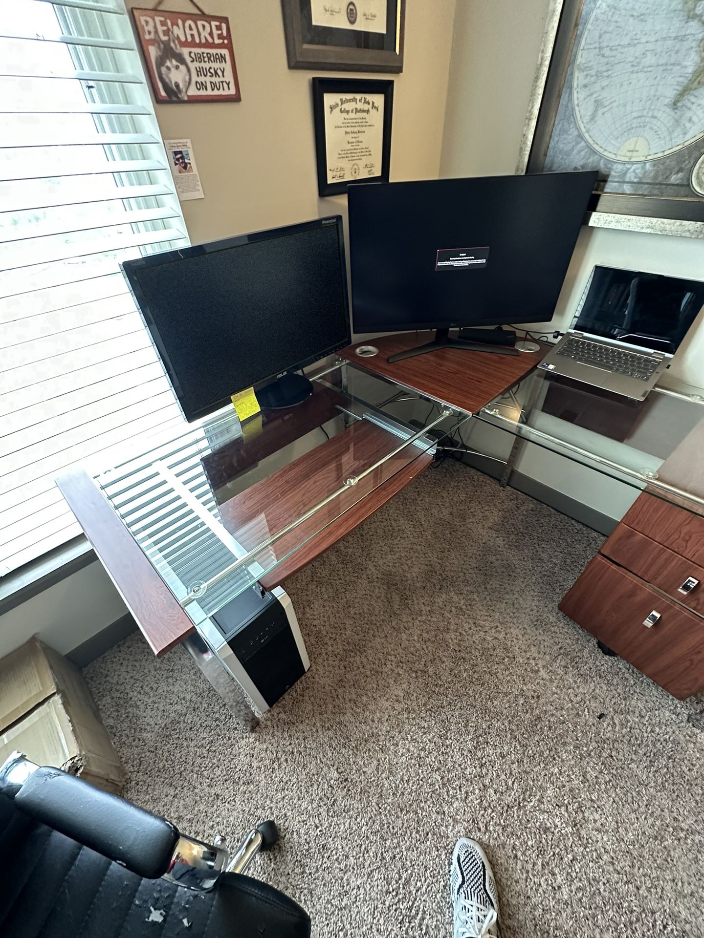 Large Glass Corner Office Desk & Matching File for Sale in