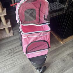 3 Wheels Foldable Pet Strollers with Storage Basket and Cup Holder for Small and Medium Cats, Dogs,