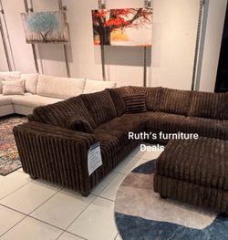 Dark Brown Corduroy Sectional Sofa with Ottoman