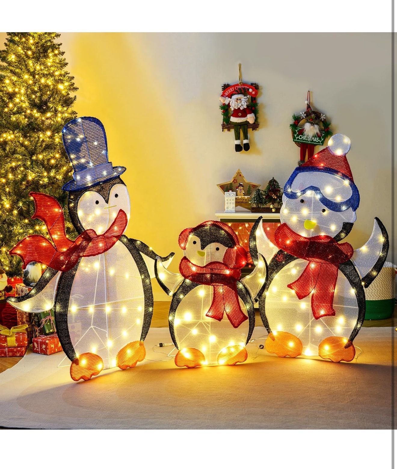 3-Piece Christmas Lighted Penguin Family Set Decoration, Pre-Lit 2D Xmas Light up Penguins with 160 LED Lights, Indoor Outdoor Xmas Holiday Decoration