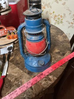 Vintage Dietz Little Wizard Blue Kerosene Lantern with Red Globe