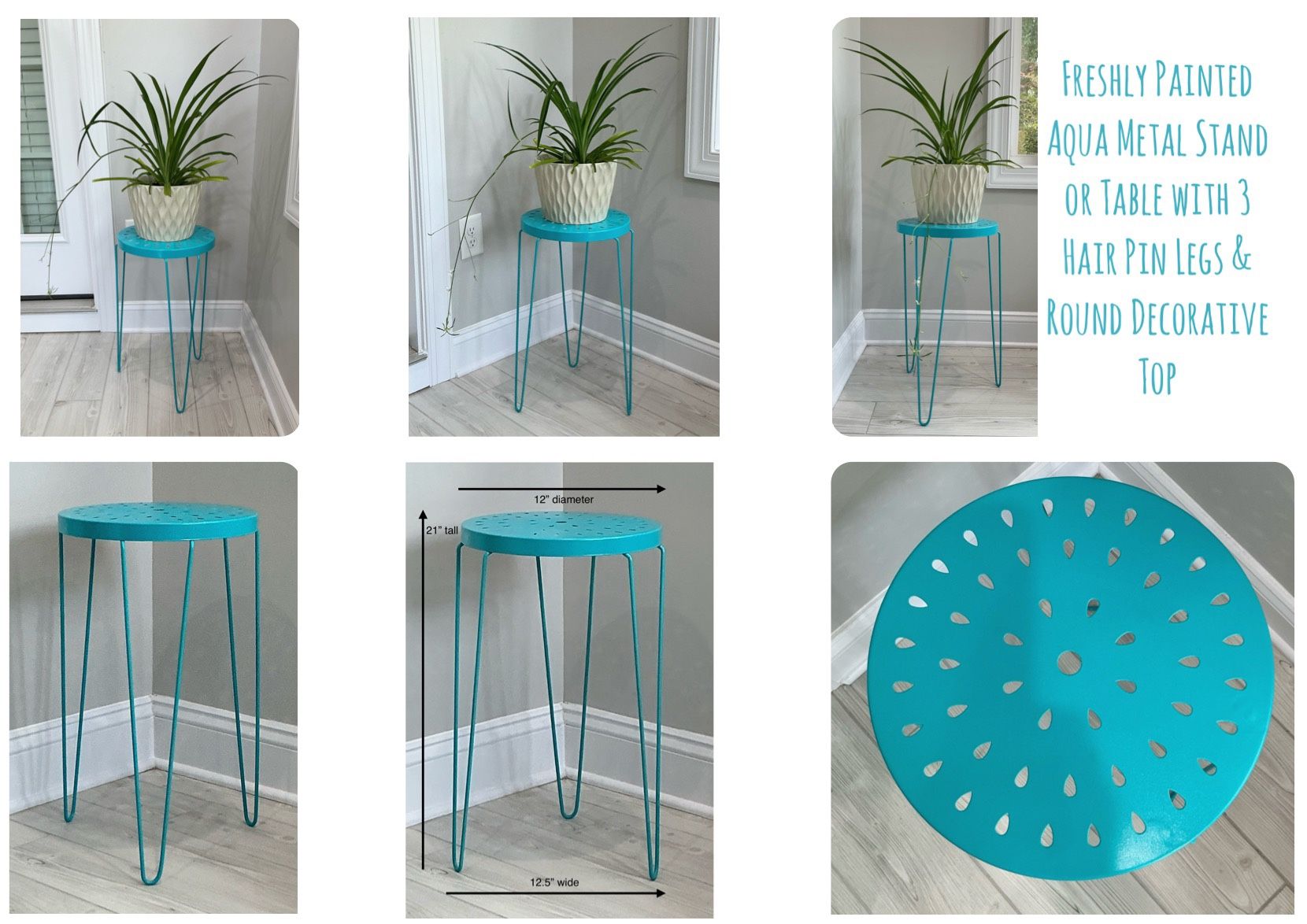 Freshly Painted Aqua Metal Stand or Table with 3 Hair Pin Legs & Round Decorative Top