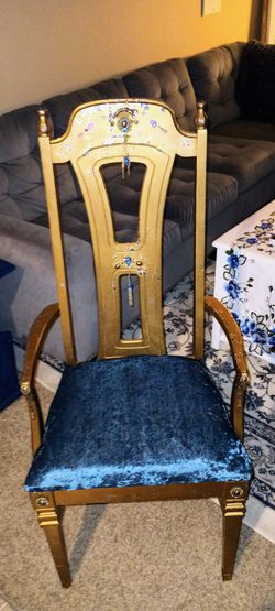 One Of  A Kind Chair.  A Shiny Matt Gold With Soft Blue Cushion. Thumbnail