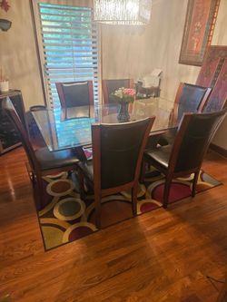 Glass Dining Room Table Set w/ 6 Leather Chairs