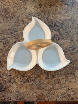 White Ceramic 3-Section Serving Dish with Bamboo Ring