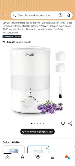 Levoit Cool Mist Humidifier 3L Essential Oil Diffuser White