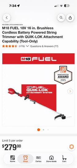 M18 FUEL 18V 16 in. Brushless Cordless Battery Powered String Trimmer with QUIK-LOK Attachment Capability (Tool-Only)$175