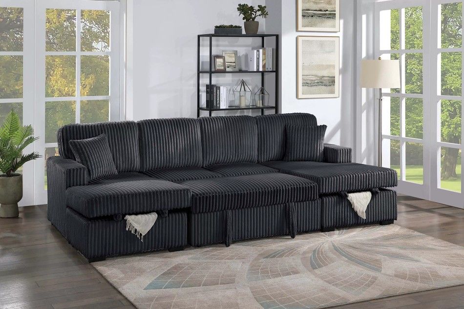 Brand New Black Corduroy Sectional Sofa Storage Sleeper