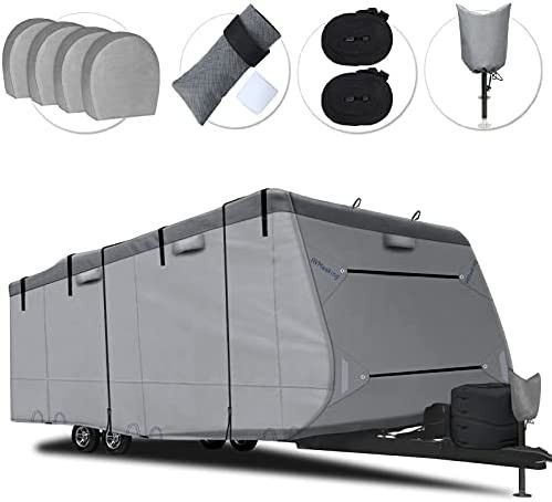 RVMasking 6 Layers Top RV Cover Travel Trailer Cover Windproof Camper Cover Up to 28'7" - 31'6" RV with 4 Tire Covers, Tongue Jack Cover, 2 Extra Stra