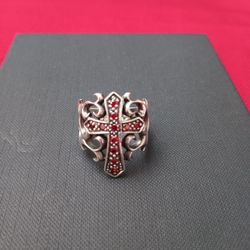 925 Sterling Silver Bold Gothic Lab Garnet Cross Ring