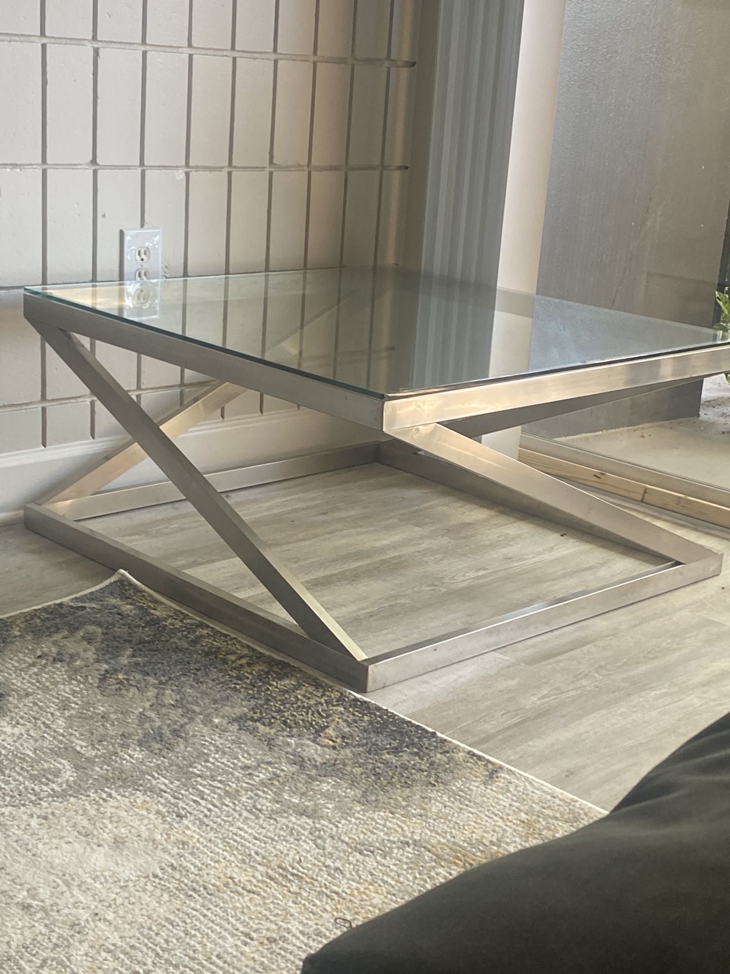 2 Table Set Coffee And Side Glass Brushed Metal