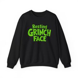 Resting Grinch Face Crewneck Sweater Christmas Sweater Screen Printed Grinch