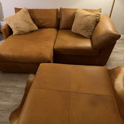 Crate & Barrel Leather Sectional & Ottoman 