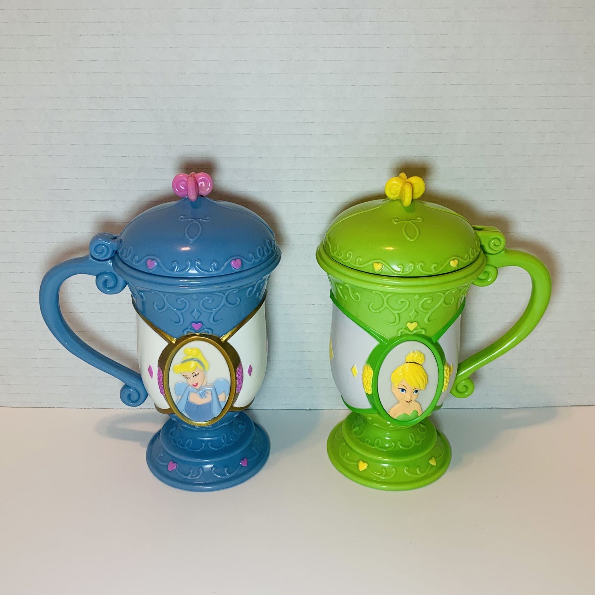 Set of 2 Disney on Ice Cinderella and Tinker Bell Souvenir Cup Mugs with Flip Lid Vintage USED