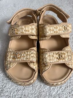 Authentic Chanel beige raffia dad sandals size 36.5 with box and dust bag