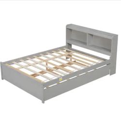Gray Wood Frame Full Size Platform Bed with Trundle, Bookcase  