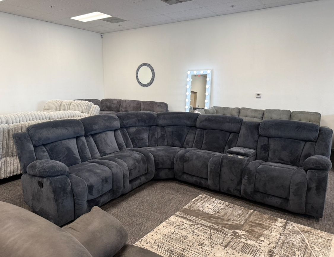 Dark Gray Plush Sofa Sectional Recliner Set - Free Delivery Promo 