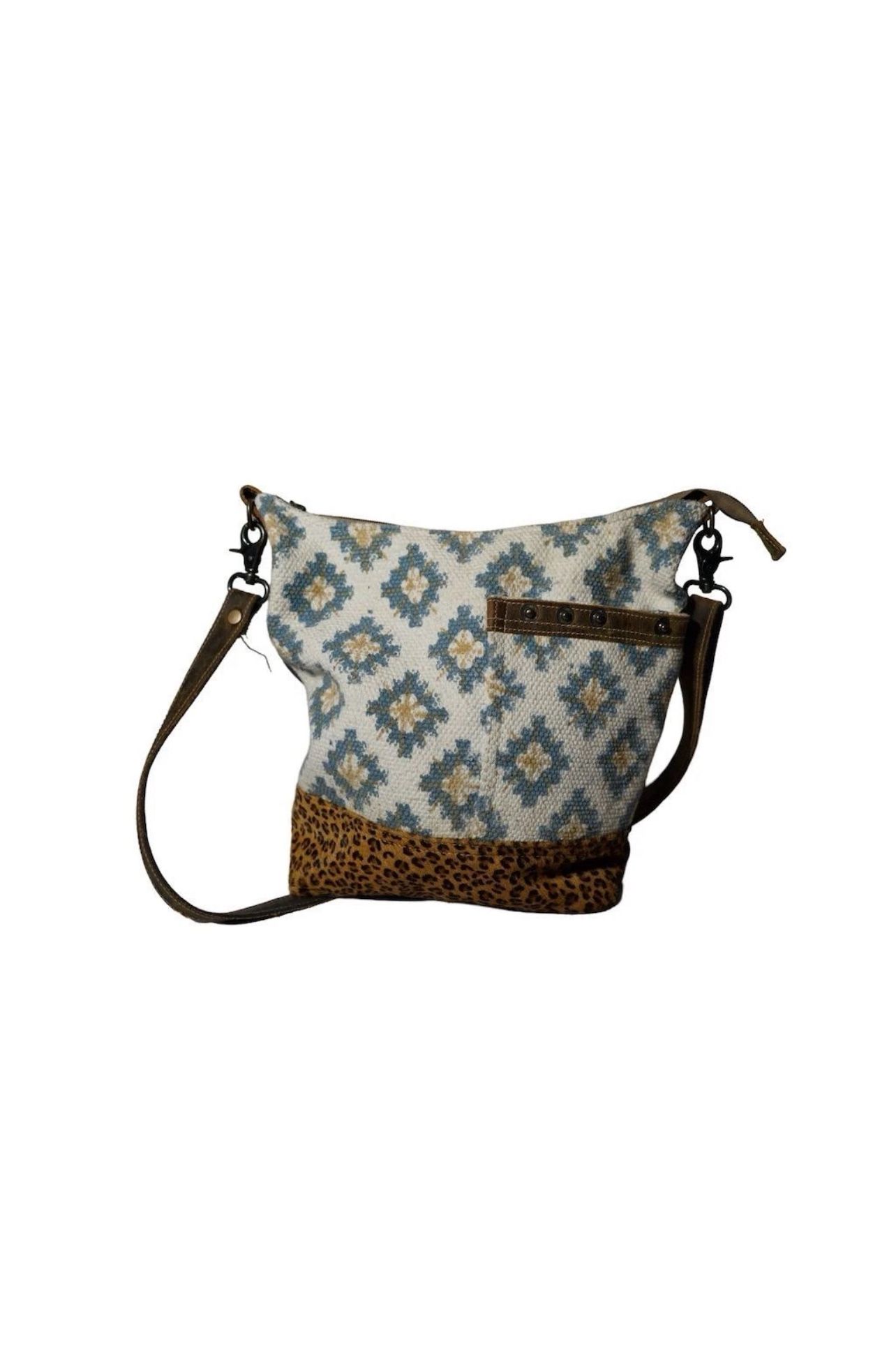 MayraBag Blue Geometric Shoulder Purse with Leopard Print