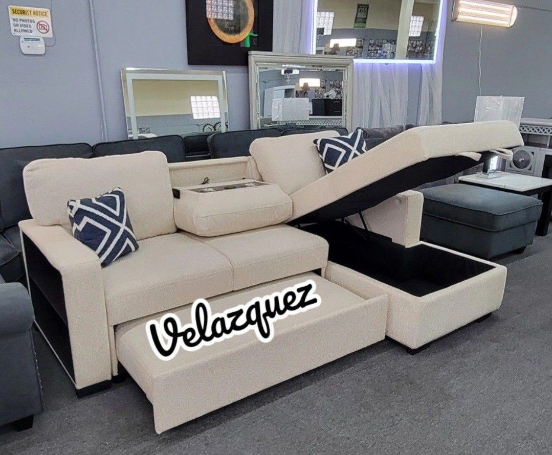 ✅️✅️2 pc Beige boucle fabric sectional sofa with pop up sleep area and storage chaise drop down tray table wireless charging✅️✅️