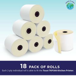 2-Ply White/Yellow Carbonless Paper for Toast Kitchen Printer by Paper Planet | 18 Rolls | TKP300 SNBC BTP-M300
