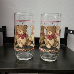 2 Vintage LIBBEY Brown TEDDY BEAR Red RIBBON BOW Heart 16oz Glass TUMBLER 6"Tall