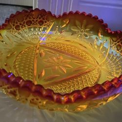 Vintage LE Smith Quintec Amberina Sawtooth Edge Bowl Glows under UV light