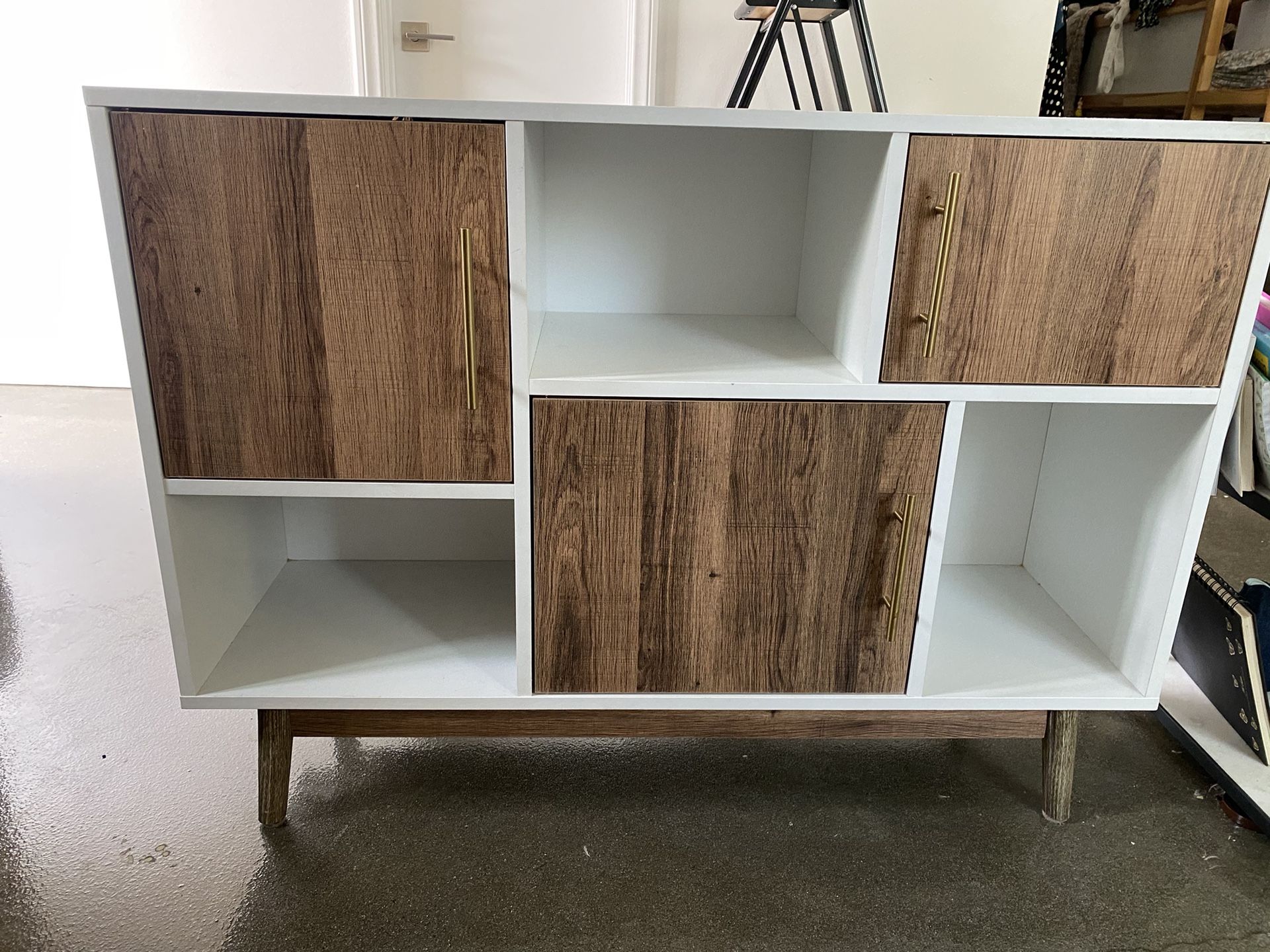 Woodgrain And White Low Cabinet Sidebar Bookcase Console