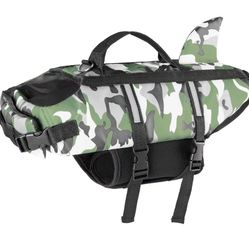 Dog Life Jacket for Small Dogs Green Ripstop Camo Shark Fin Dog Life Vest with Rescue Handle Pet Floatation Vest Saver for Swimming, Boating, S