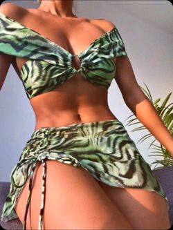 Green Tiger Stripe Print Three Piece Bikini Swim Set Cover Up Skirt Size Medium