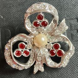 VINTAGE GIANNI VERSACE SILVER TONE RED STONES RIBBON BROOCH PIN ~ Made in ITALY - 