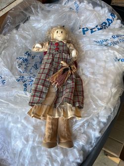 Handmade Cloth Rag Doll with Plaid Dress