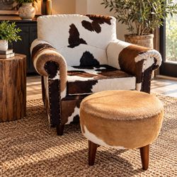 Beautiful Rustic Genuine Cowhide Accent Chair with Matching Round Ottoman – Western Ranch Style