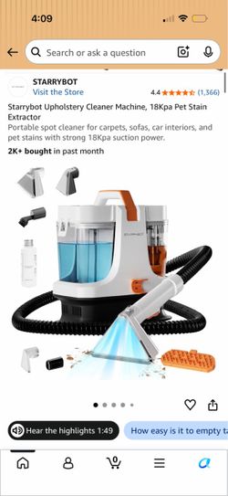 Starrybot Upholstery Cleaner Machine, 18Kpa Pet Stain Extractor