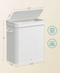 SONGMICS 26.4 Gal Laundry Hamper Bamboo Basket w/ Lid and Handles - White