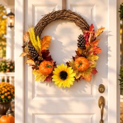 Fall Harvest Grapevine Wreath with Sunflower 12”