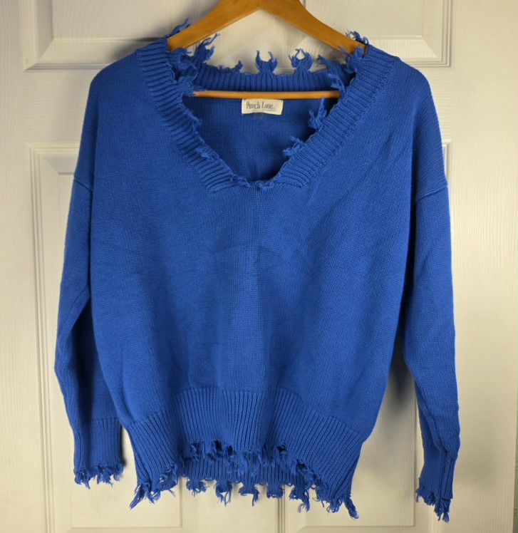 Peach Love California Royal Blue VNeck Sweater M Knit Fringe Grunge Distressed 