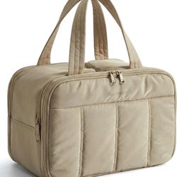 BAGSMART Travel Toiletry Bag, Puffy Large Toiletry Bag for Women, Lightweight Cosmetic Makeup Bag Organizer with Handle for Traveling, Accessories, Es