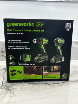 Greenworks POWERALL 24V Cordless Brushless Drill/ Impact Driver with 2 Batteries and Charger