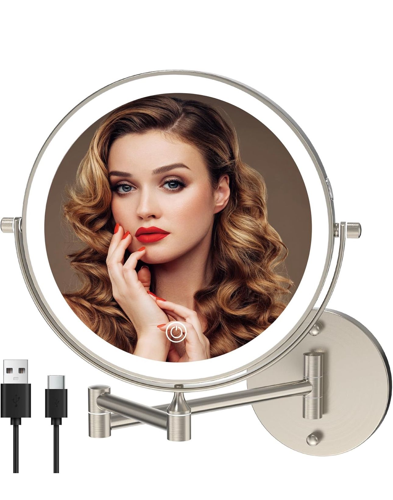 Rechargeable Wall Mounted Lighted Makeup Vanity Mirror 8 Inch Double Sided 1X 10X Magnifying Bathroom Mirror, 3 Color Lighting, Touch Screen, 360 Rota