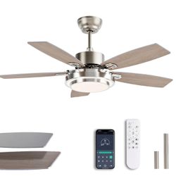 SNZ 42 Inch Ceiling Fans with Lights and Remote/APP Control, Modern Nickel Ceiling Fan with Quiet Reversible DC Motor, 3 CCT Dimmable LED for Bedroom,