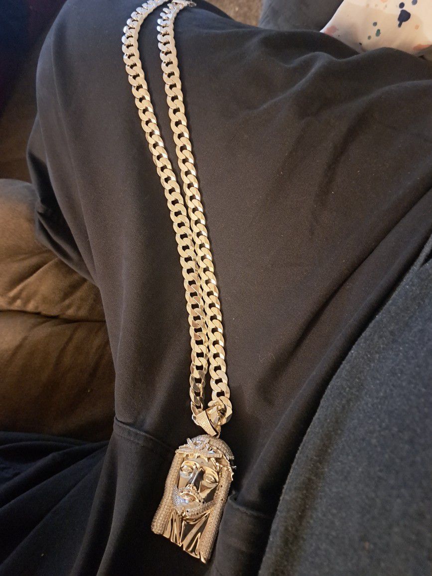 Thick Silver Miami Cuban Chain And Silver Jesus Pendant