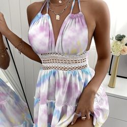 Tie Dye Print Lace Patch Ruffle Hem Dress/Size:L/$10