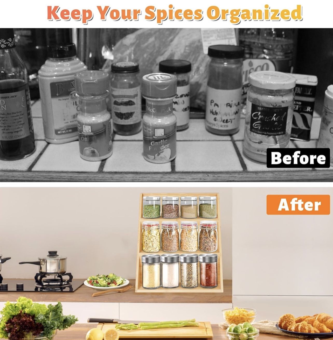 Bamboo Spice Rack Organizer for Cabinet, Foldable 3-Tier Spice Shelf